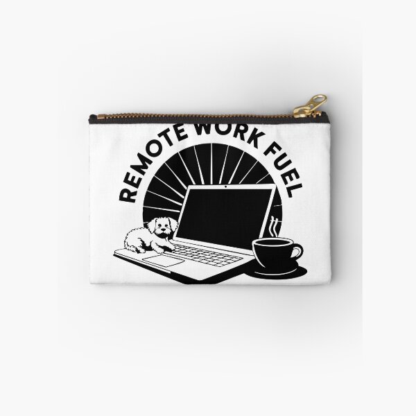 Item preview, B&W Remote Work Fuel – Laptop, Coffee, and Cute Dog Illustration designed and sold by CrownedCanvas.