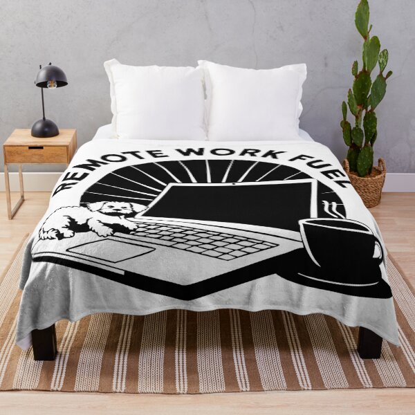 Item preview, B&W Remote Work Fuel – Laptop, Coffee, and Cute Dog Illustration designed and sold by CrownedCanvas.