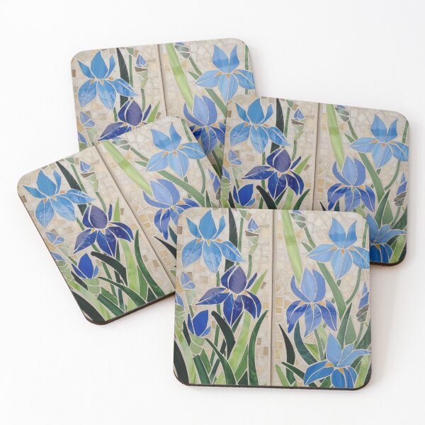 Item preview, Blue iris panels side by side, made of stained glass mosaic. designed and sold by suespaintroom.