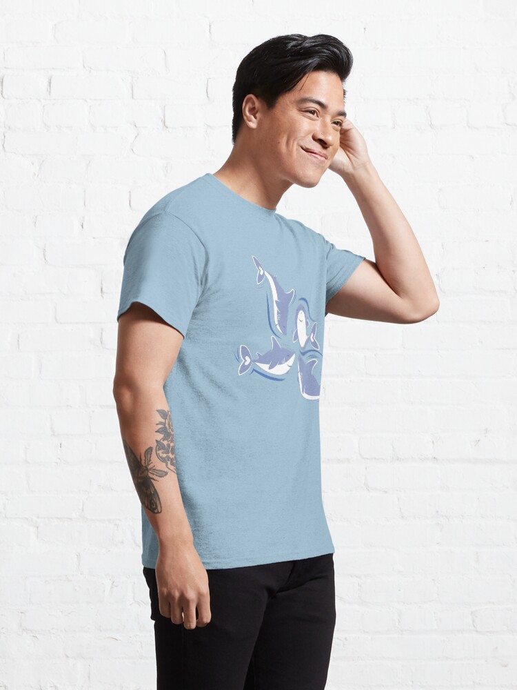 Thumbnail 5 of 7, Classic T-Shirt, Friendly sharks // navy blue background pale blue fishes designed and sold by SelmaCardoso.