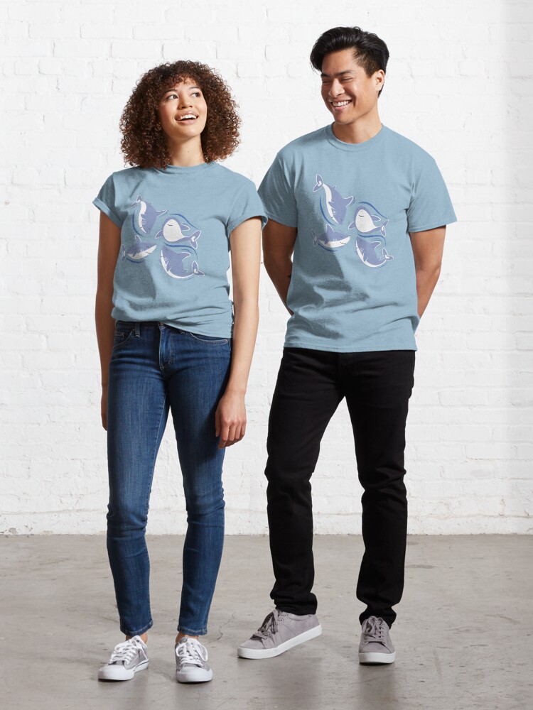 Thumbnail 1 of 7, Classic T-Shirt, Friendly sharks // navy blue background pale blue fishes designed and sold by SelmaCardoso.