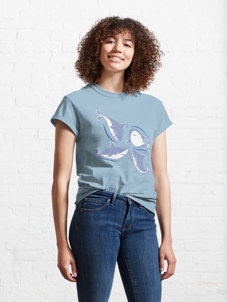 Thumbnail 4 of 7, Classic T-Shirt, Friendly sharks // navy blue background pale blue fishes designed and sold by SelmaCardoso.