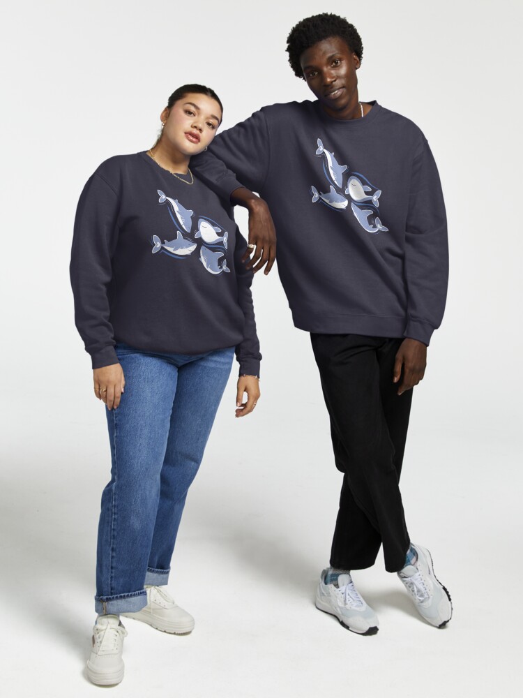 Thumbnail 1 of 7, Pullover Sweatshirt, Friendly sharks // navy blue background pale blue fishes  designed and sold by SelmaCardoso.