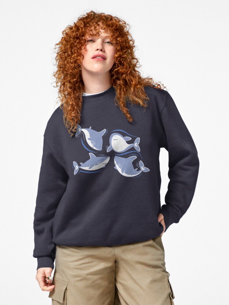 Thumbnail 4 of 7, Pullover Sweatshirt, Friendly sharks // navy blue background pale blue fishes  designed and sold by SelmaCardoso.