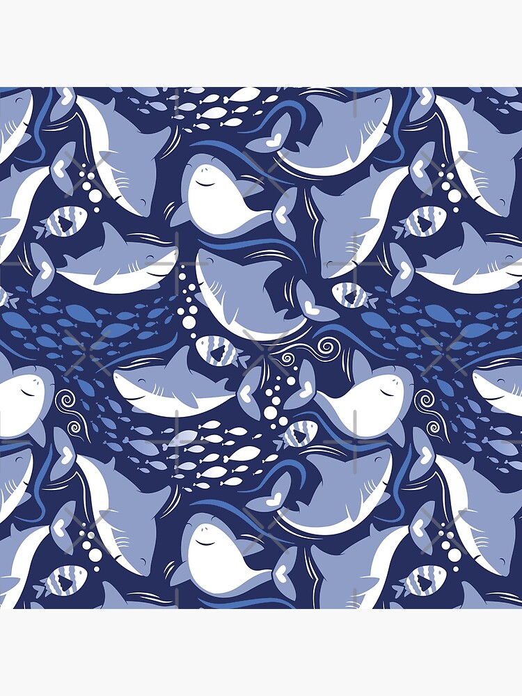Thumbnail 3 of 3, Throw Pillow, Friendly sharks // navy blue background pale blue fishes  designed and sold by SelmaCardoso.
