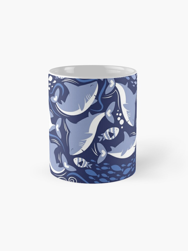 Thumbnail 4 of 6, Coffee Mug, Friendly sharks // navy blue background pale blue fishes  designed and sold by SelmaCardoso.