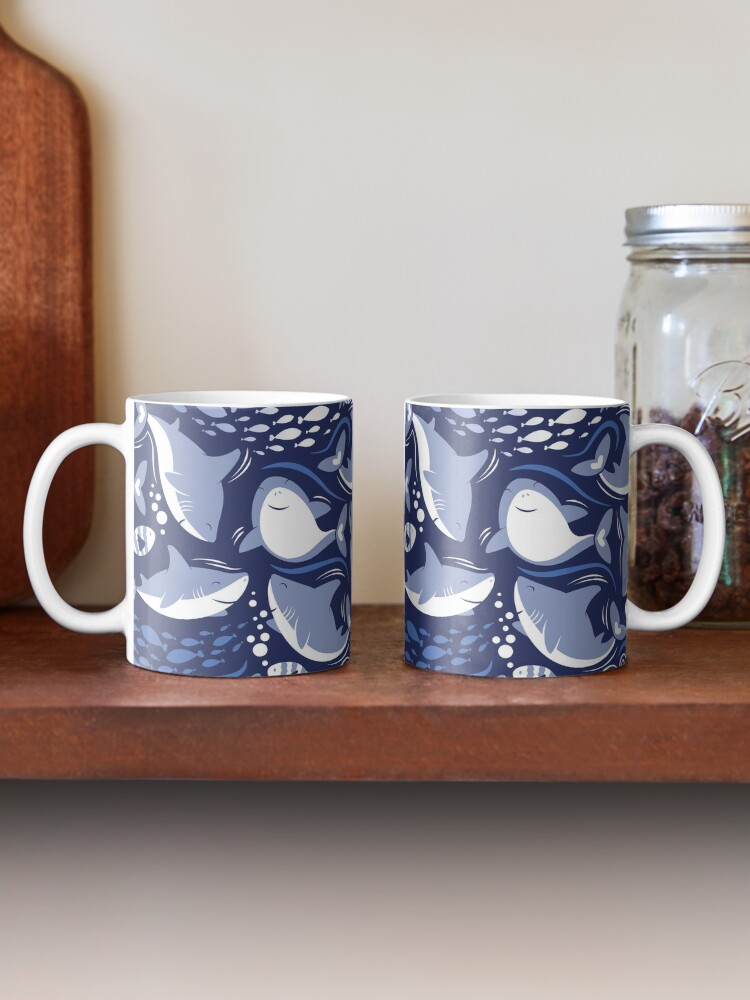 Thumbnail 2 of 6, Coffee Mug, Friendly sharks // navy blue background pale blue fishes  designed and sold by SelmaCardoso.
