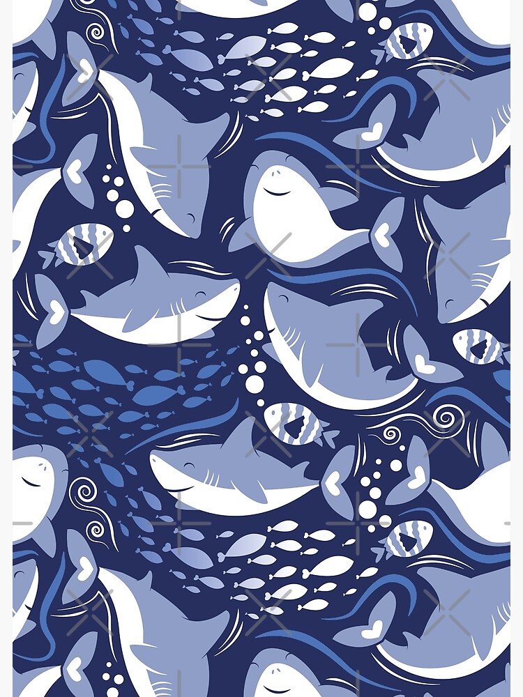 Artwork view, Friendly sharks // navy blue background pale blue fishes  designed and sold by SelmaCardoso