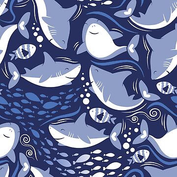 Artwork thumbnail, Friendly sharks // navy blue background pale blue fishes  by SelmaCardoso