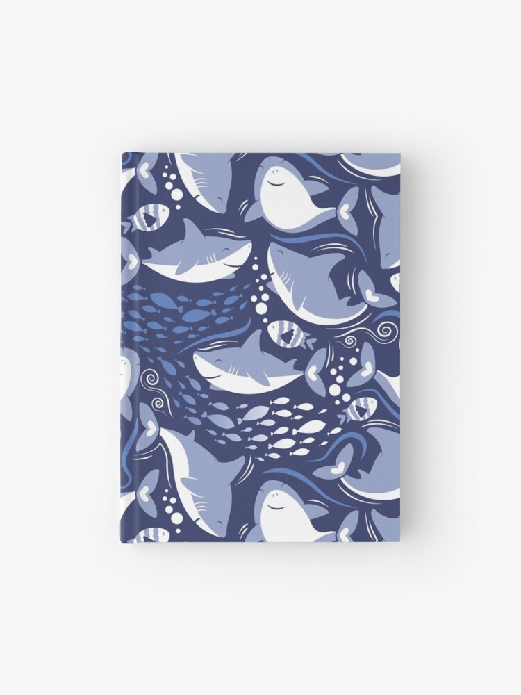 Hardcover Journal, Friendly sharks // navy blue background pale blue fishes  designed and sold by SelmaCardoso