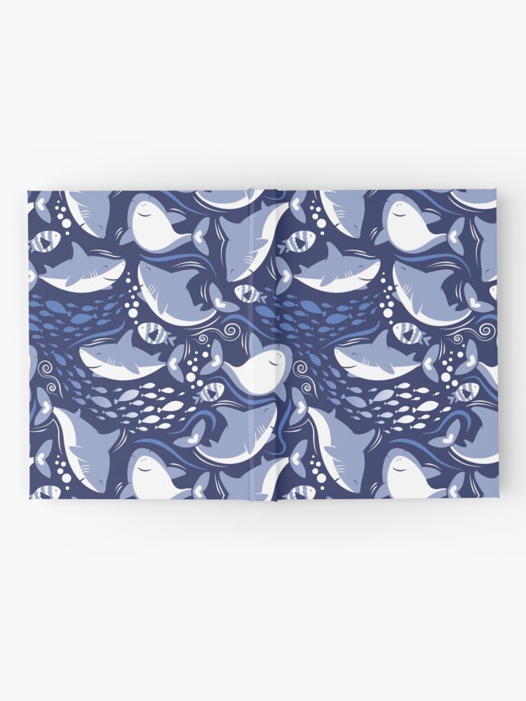 Thumbnail 2 of 3, Hardcover Journal, Friendly sharks // navy blue background pale blue fishes designed and sold by SelmaCardoso.