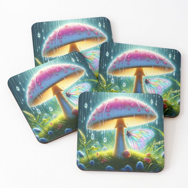 Item preview, fantasy rain shower scene with a sparkling pink mushroom sheltering a beautiful almost transparent butterfly on a green grassy area designed and sold by EmeraldeaArt.