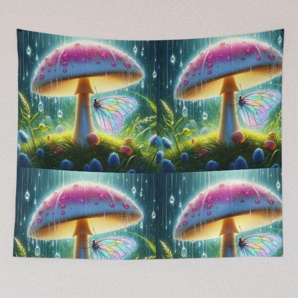 Item preview, fantasy rain shower scene with a sparkling pink mushroom sheltering a beautiful almost transparent butterfly on a green grassy area designed and sold by EmeraldeaArt.