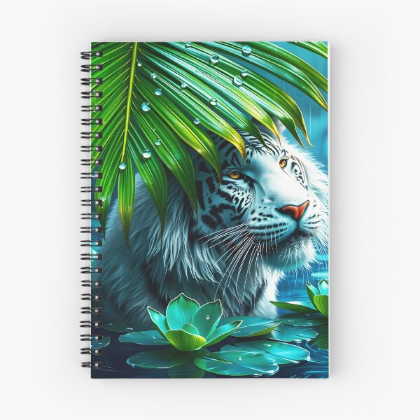 Item preview, long hair white tiger under a huge palm leaf in a lake during rain raindrops on leaf crystal clear digitalart designed and sold by EmeraldeaArt.