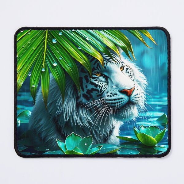 Item preview, long hair white tiger under a huge palm leaf in a lake during rain raindrops on leaf crystal clear digitalart designed and sold by EmeraldeaArt.
