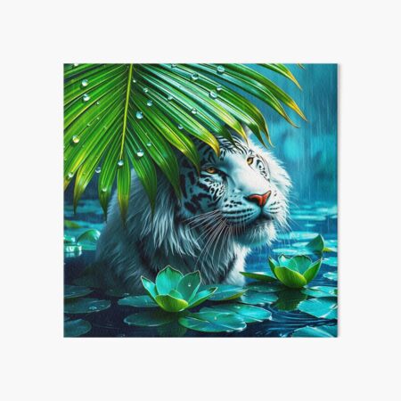 Item preview, long hair white tiger under a huge palm leaf in a lake during rain raindrops on leaf crystal clear digitalart designed and sold by EmeraldeaArt.
