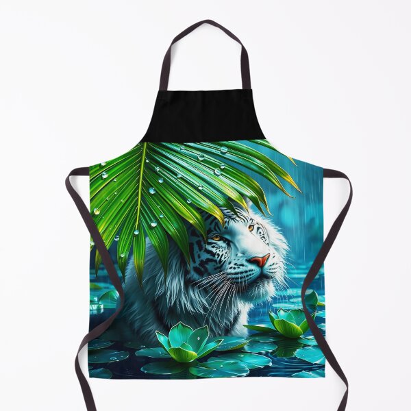 Item preview, long hair white tiger under a huge palm leaf in a lake during rain raindrops on leaf crystal clear digitalart designed and sold by EmeraldeaArt.