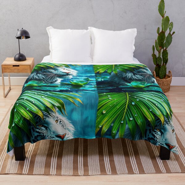 Item preview, long hair white tiger under a huge palm leaf in a lake during rain raindrops on leaf crystal clear digitalart designed and sold by EmeraldeaArt.
