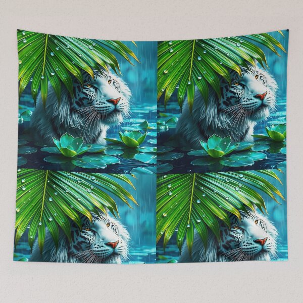 Item preview, long hair white tiger under a huge palm leaf in a lake during rain raindrops on leaf crystal clear digitalart designed and sold by EmeraldeaArt.