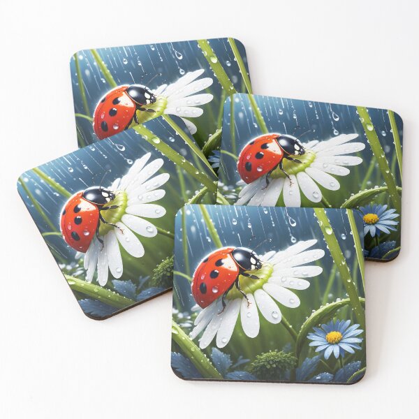 Item preview, ladybug on white daisy margareta among gress during a shower raindrops heavy rain  designed and sold by EmeraldeaArt.