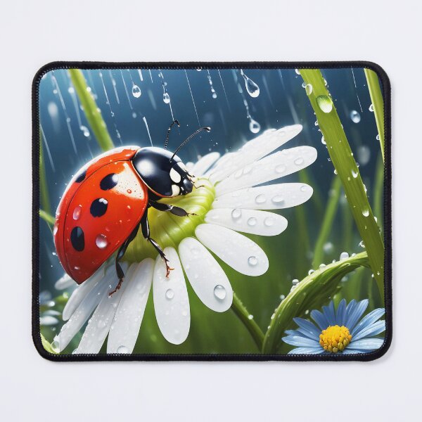 Item preview, ladybug on white daisy margareta among gress during a shower raindrops heavy rain designed and sold by EmeraldeaArt.