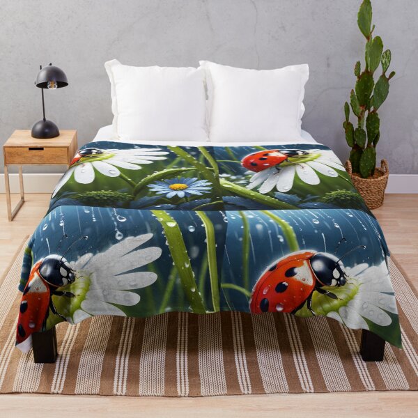 Item preview, ladybug on white daisy margareta among gress during a shower raindrops heavy rain designed and sold by EmeraldeaArt.