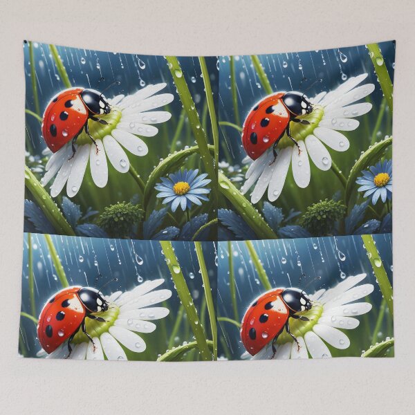 Item preview, ladybug on white daisy margareta among gress during a shower raindrops heavy rain  designed and sold by EmeraldeaArt.