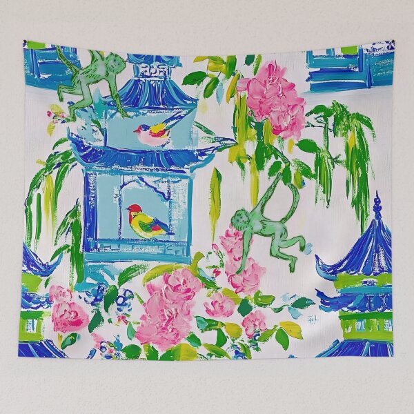Item preview, Monkeys in preppy pagoda garden gouache and markers designed and sold by SophieClimaArt.