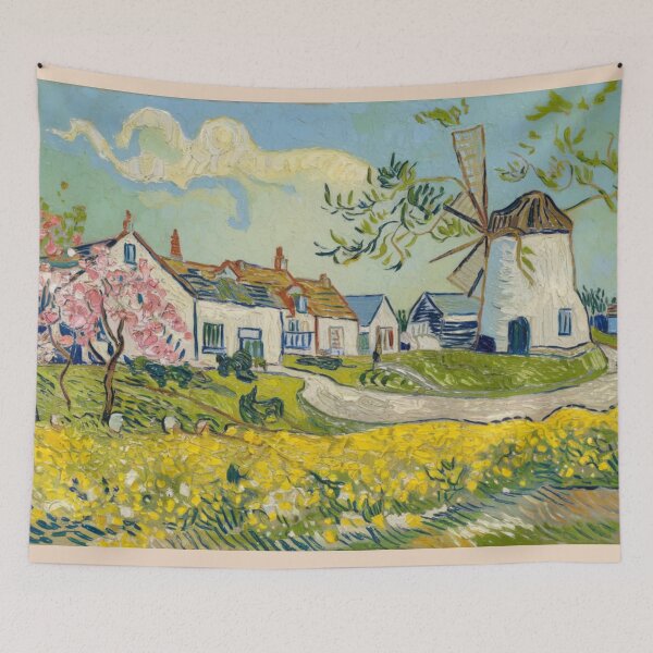 Item preview, French Spring Village Scene with Windmill and Blossoming Trees – Van Gogh Inspired designed and sold by CARRAANN.
