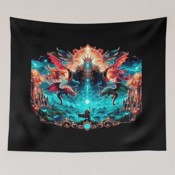 Item preview, Powerful Magician Summoning Dragons in a Mystical Landscape with Glowing Magic Circle designed and sold by KreaDesignOne.