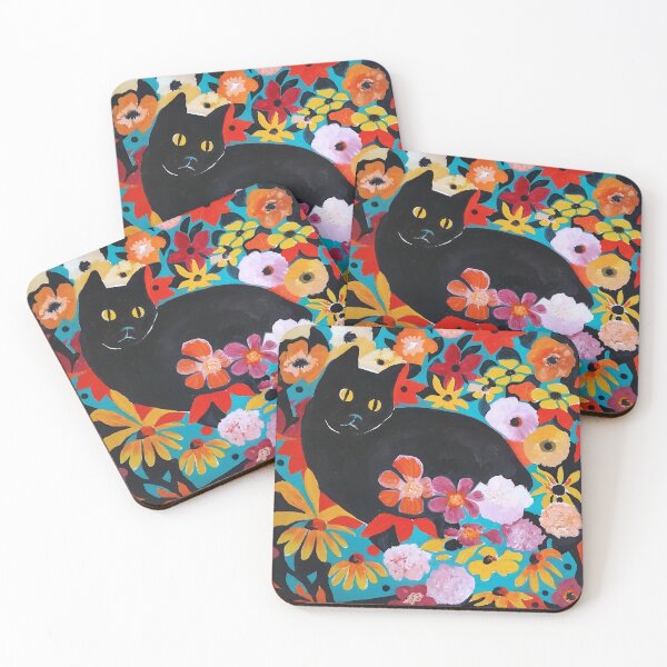 Item preview, Black cat and flowers. designed and sold by Aurora Art and Design.