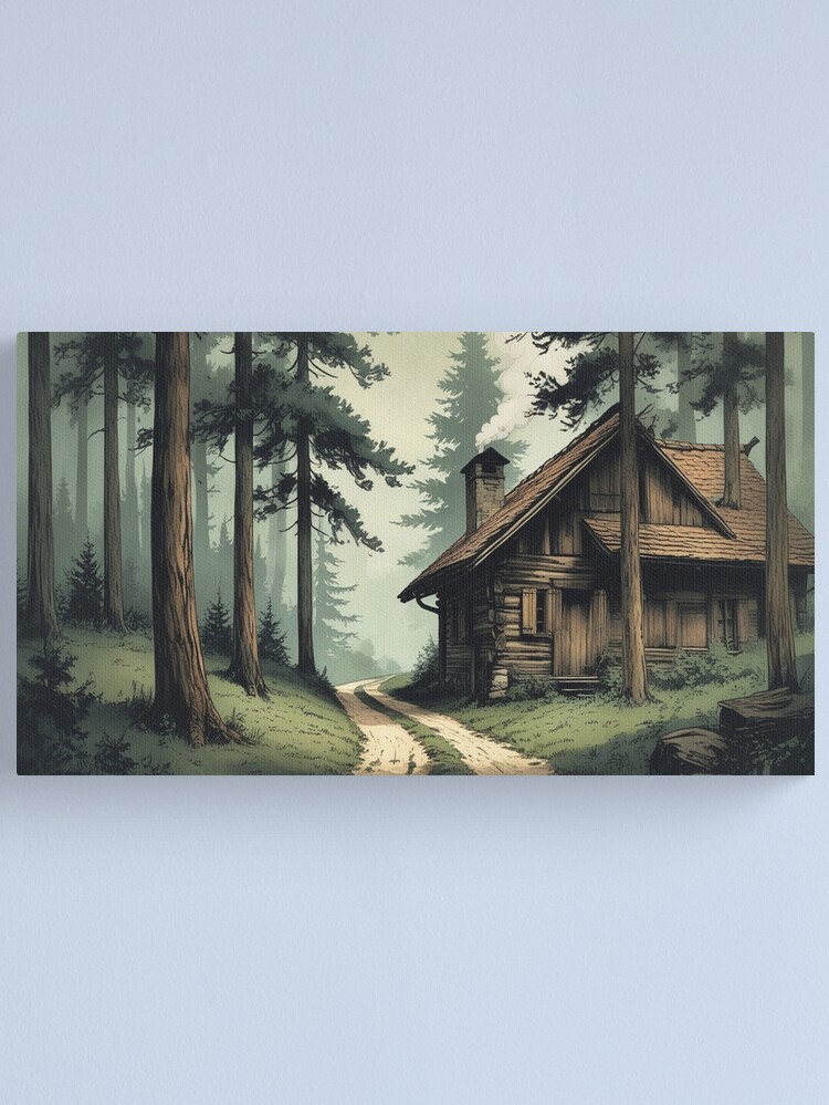 Thumbnail 1 of 3, Canvas Print, Vintage Art, Cozy Cabin in the Woods – Rustic Forest Retreat designed and sold by PixelsArtst.