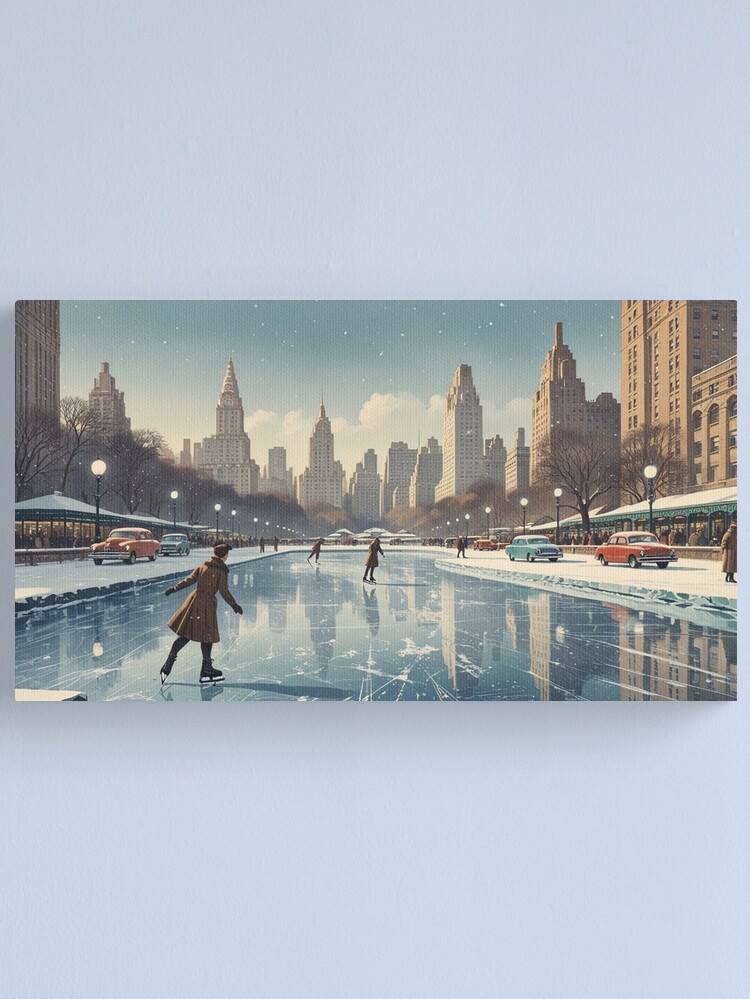 Thumbnail 1 of 3, Canvas Print, Vintage Art, Winter in New York – Ice Skating Nostalgia designed and sold by PixelsArtst.