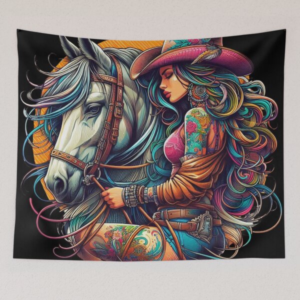 Item preview, Colorful Cowgirl with Horse and Tattoos designed and sold by mcaussieb.