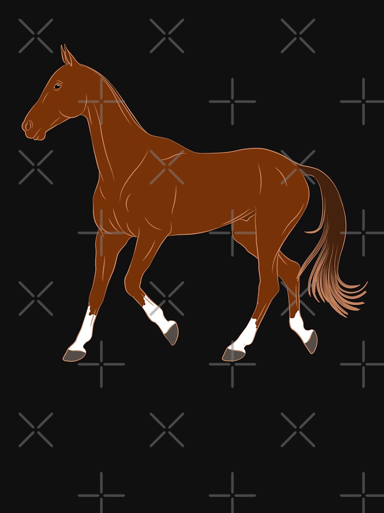 Aperçu 3 sur 3. T-shirt col V avec l'œuvre Cheval Akhal Téké, dessin cheval alezan, cheval de selle, races de chevaux du Turkménistan créée et vendue par WebEquitation.