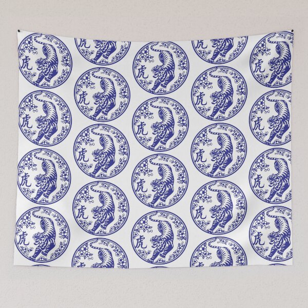 Item preview, Lucky sign Blue tiger Beautiful flowers Chinese paper cutting art and designs designed and sold by Bspaces.