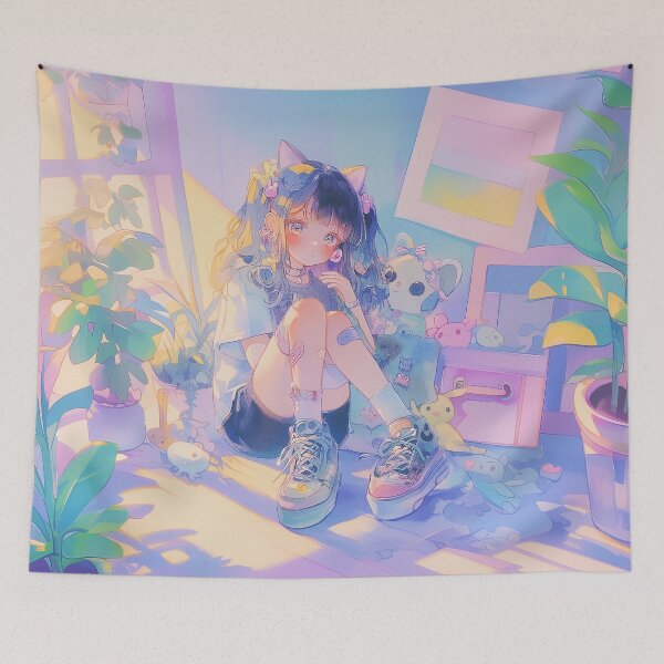 Item preview, Pastel Aesthetic Anime Girl with Cute Plushies and Plants designed and sold by Kawai Anime Shop.