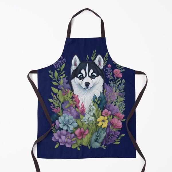 Item preview, Black and White Husky Puppy and Spring Flowers designed and sold by ZanyPaintbrush.