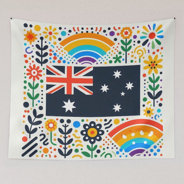 Item preview, Scandinavian Folk Art Australia Flag – Colourful Floral and Rainbow Accents by heidiannemorris designed and sold by FOLK ART FUSION by heidiannemorris.