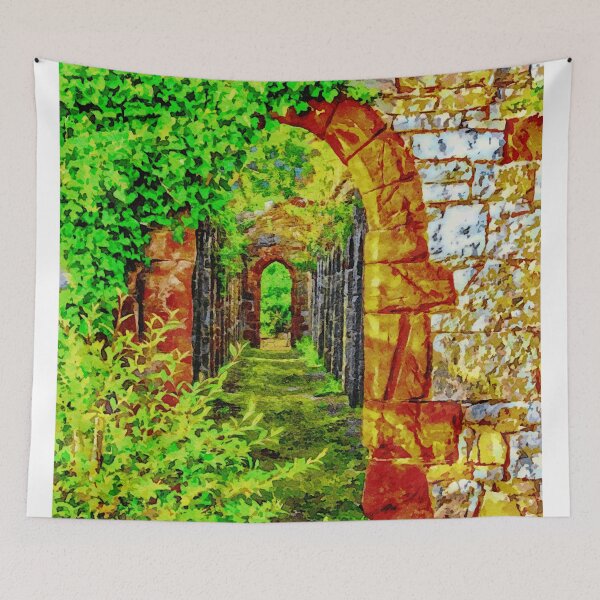 Item preview, Vibrant watercolor depiction of historic stone archway in Ruthin Wales designed and sold by GestaltImagery.