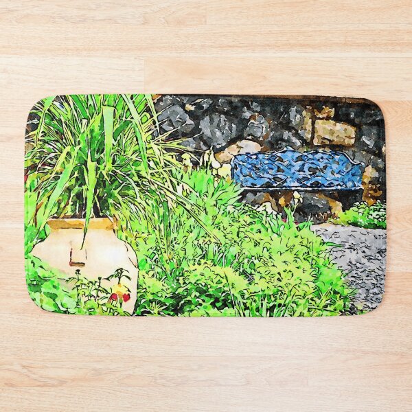 Item preview, Serene garden scene with lush greenery and a stone bench designed and sold by GestaltImagery.
