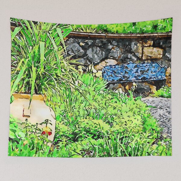 Item preview, Serene garden scene with lush greenery and a stone bench designed and sold by GestaltImagery.