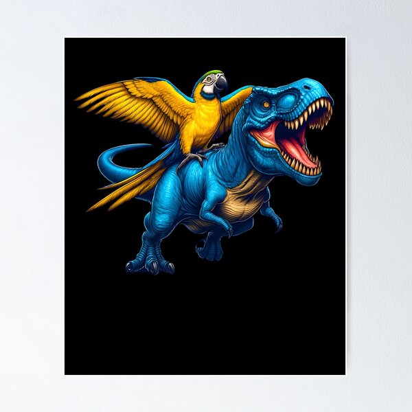 Artikelvorschau, Blauer und gelber Ara-Papagei, der auf einem Dinosaurier reitet. Lustiger Vogelliebhaber entworfen und verkauft von Kimberley King Art King Art.