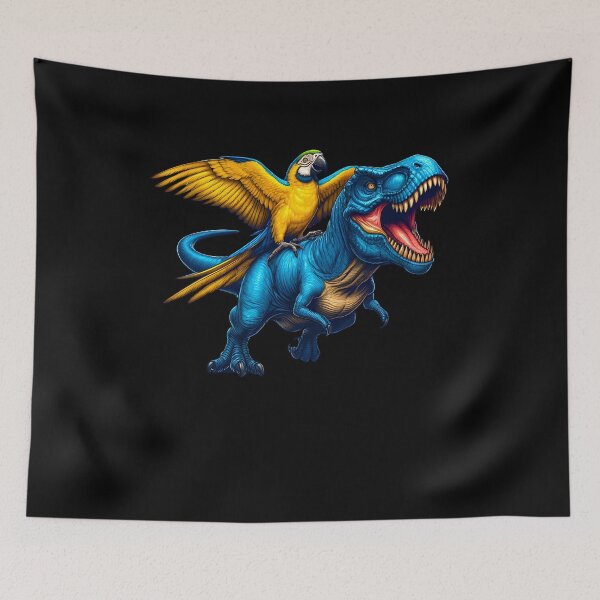 Item preview, Blue and Yellow Macaw Parrot Riding Dinosaur Funny Bird Lover designed and sold by Kimberley King Art  King Art.
