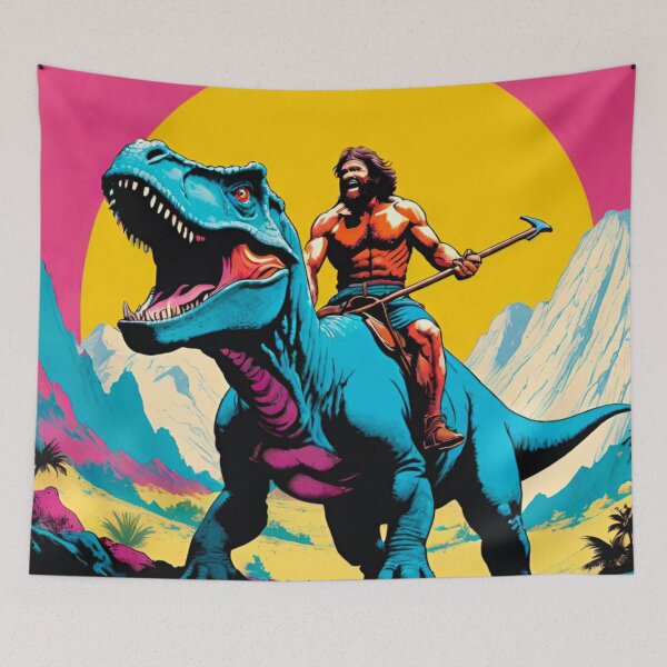 Item preview, Caveman Riding a Dinosaur – Prehistoric Adventure Artwork designed and sold by GrizzlyCollective.