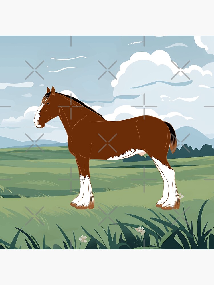 Aperçu 3 sur 3. Impression photo avec l'œuvre Cheval Clydesdale, cheval bai sur un fond de paysage, cheval de trait, races de chevaux du Royaume Uni créée et vendue par WebEquitation.