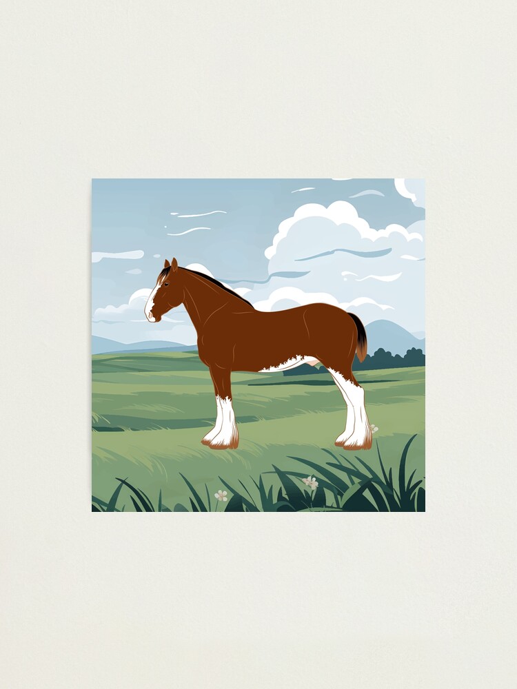 Aperçu 1 sur 3. Impression photo avec l'œuvre Cheval Clydesdale, cheval bai sur un fond de paysage, cheval de trait, races de chevaux du Royaume Uni créée et vendue par WebEquitation.