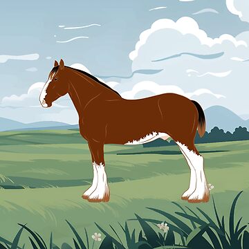 Aperçu de l'œuvre Cheval Clydesdale, cheval bai sur un fond de paysage, cheval de trait, races de chevaux du Royaume Uni de WebEquitation®