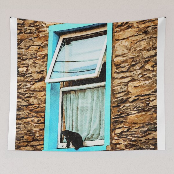 Artikelvorschau, Charmantes Aquarell einer Katze an einem Hüttenfenster entworfen und verkauft von GestaltImagery.