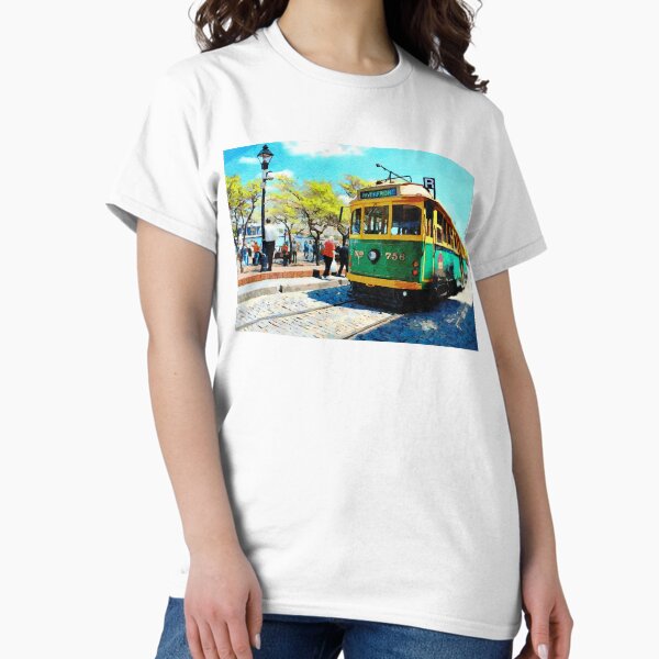 Aperçu de l'œuvre Représentation à l'aquarelle du tramway de River Street à Savannah, en Géorgie, par une journée ensoleillée créée et vendue par GestaltImagery.